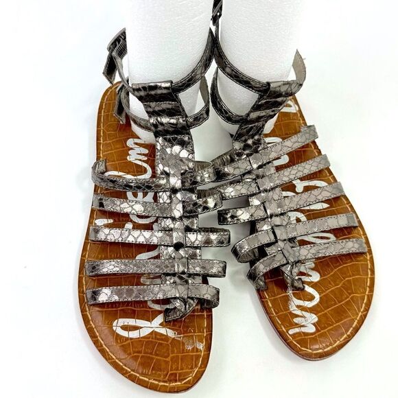 Sam Edelman GILDA Gunmetal Silver Snakeskin Open Toe Buckle Gladiator Sandals - Picture 2 of 10
